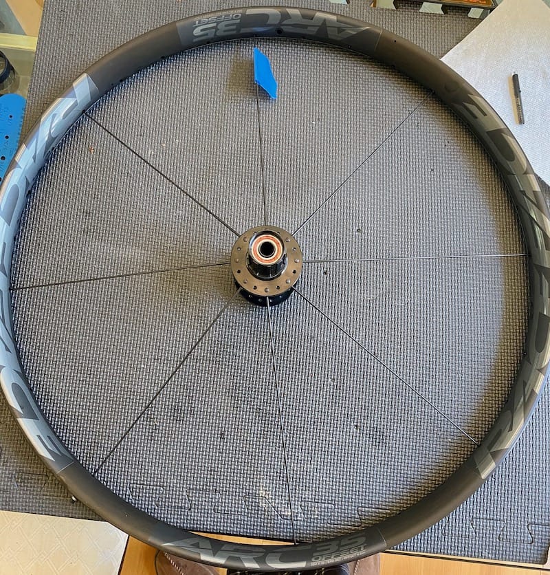 wheel build - first 8 spokes laced