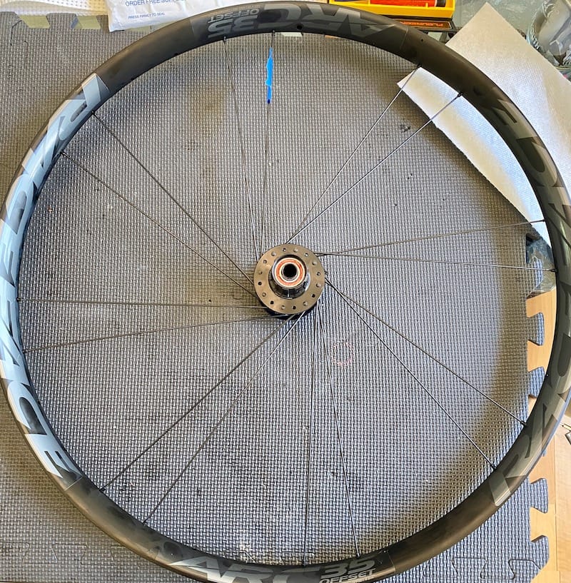 wheel lacing in progress - 8 laced per side